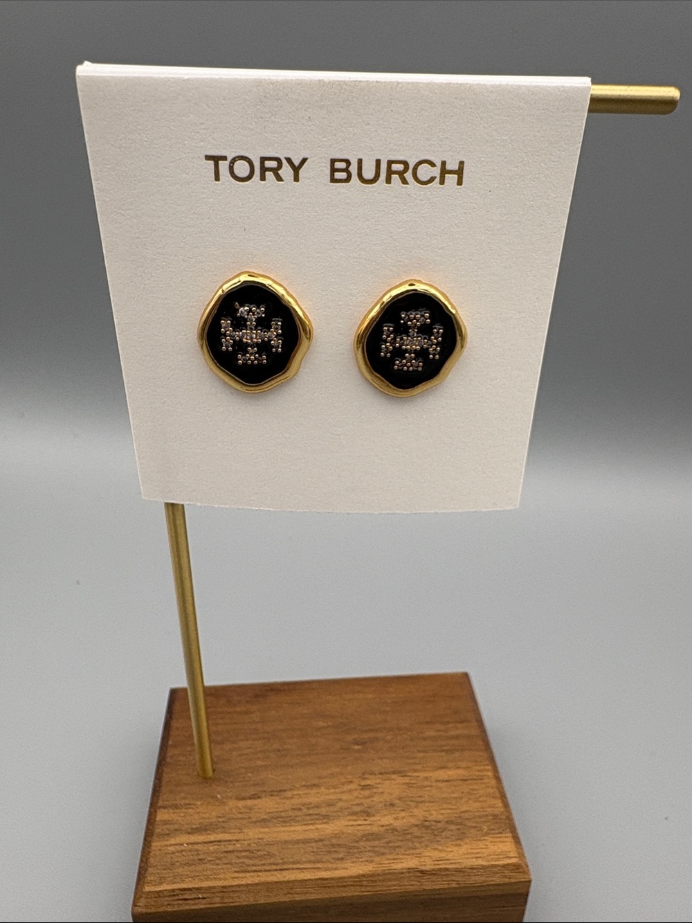 Tory Burch Black Enamel and Gold Logo encrusted Stud Earrings